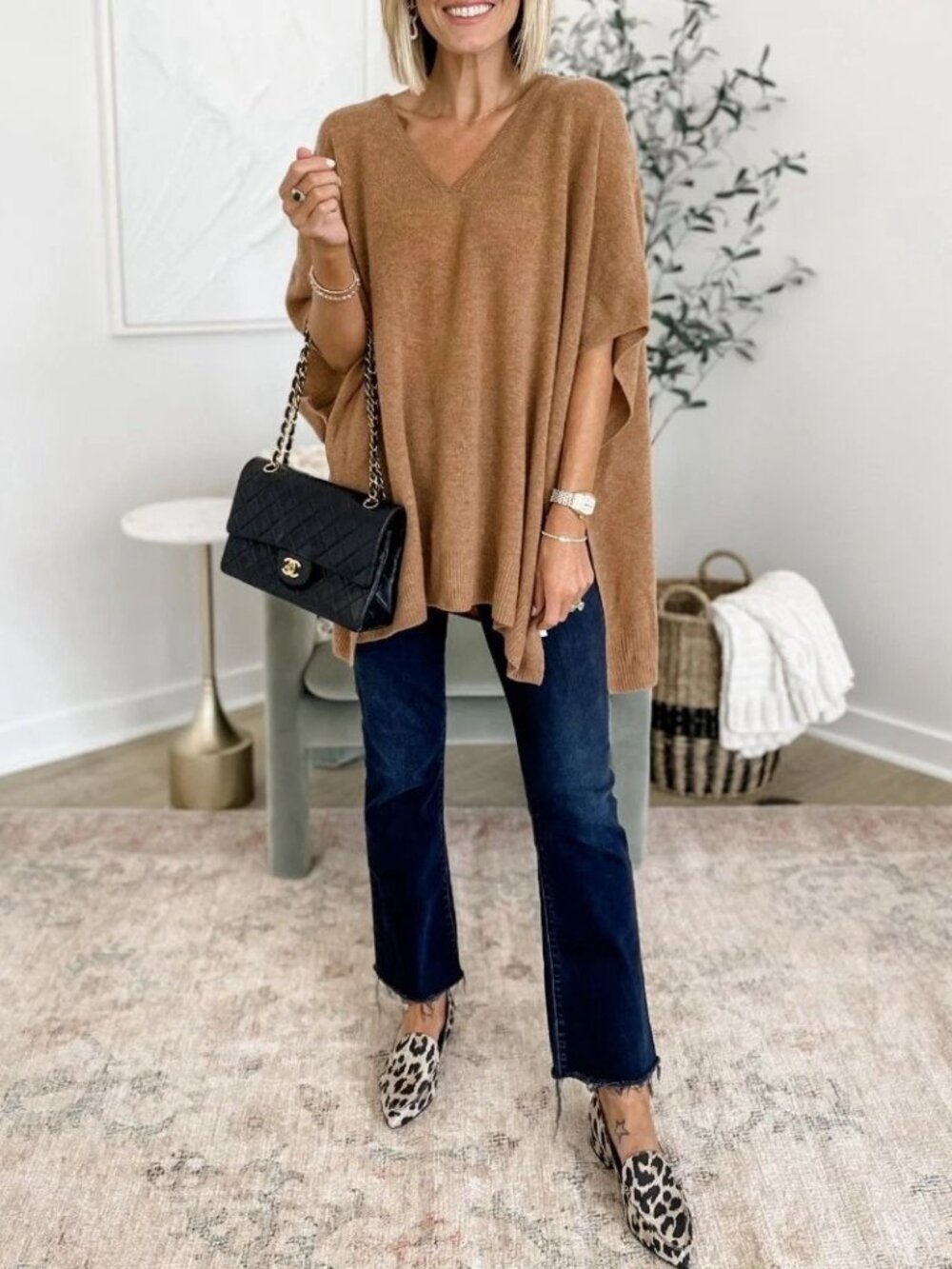 NORDSTROM V-Neck Wool & Cashmere Poncho Cape Sweater Camel Tan ONE SIZE NEW